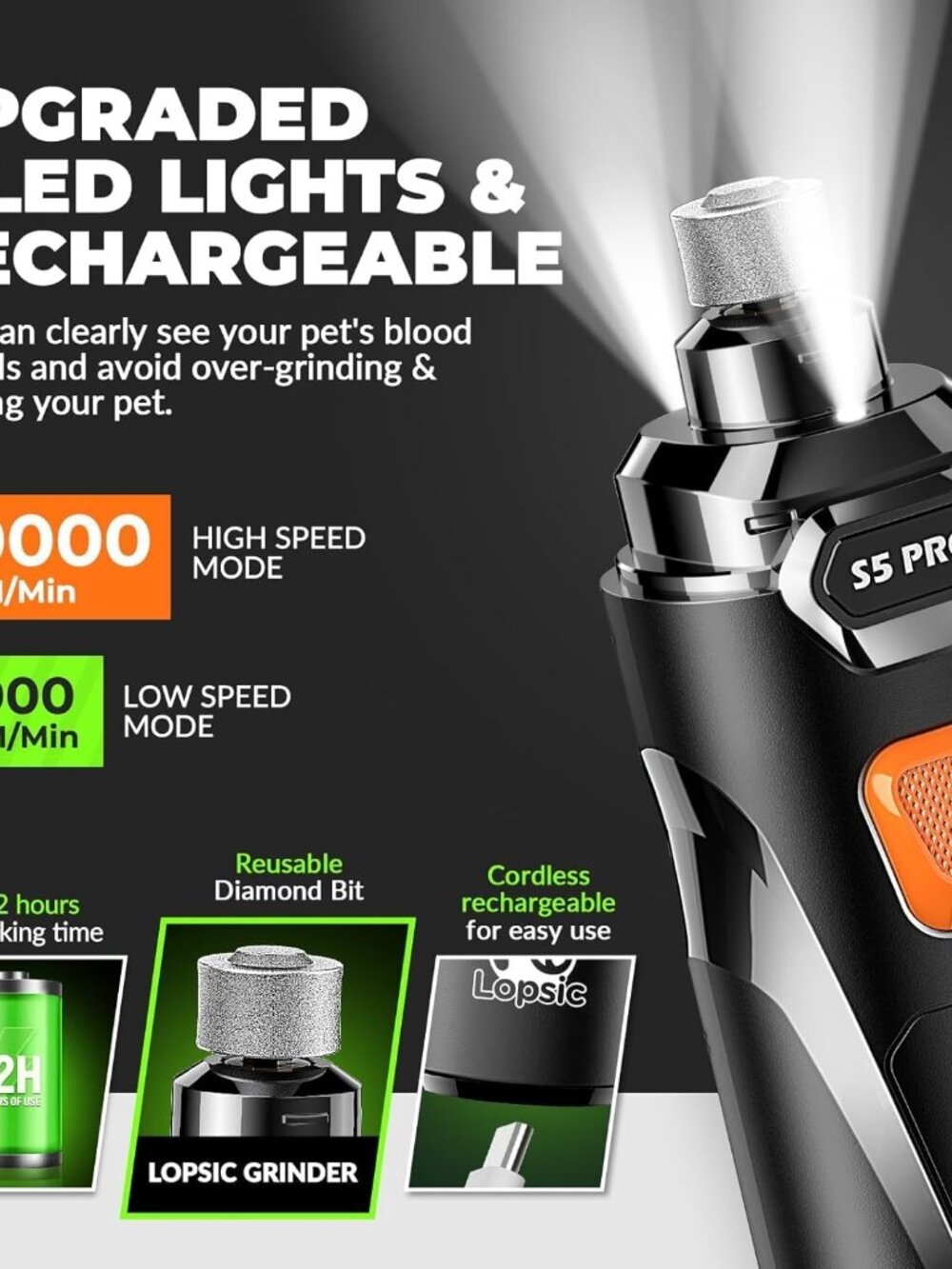 Dog Nail Grinder with 2 LED Lights Powerful 2 Speeds Super Quiet Dog Nail Trimme - Picture 3 of 9